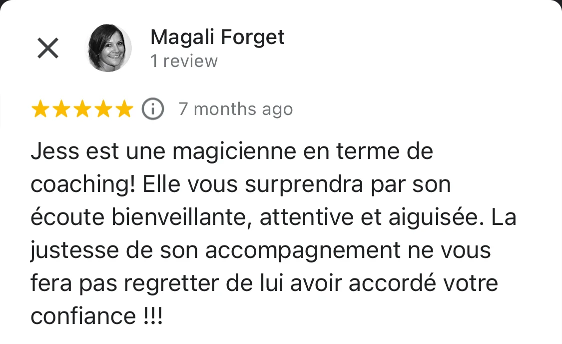 Avis d'une cliente satisfaite avec l'accompagnement coaching de Jess Coper
