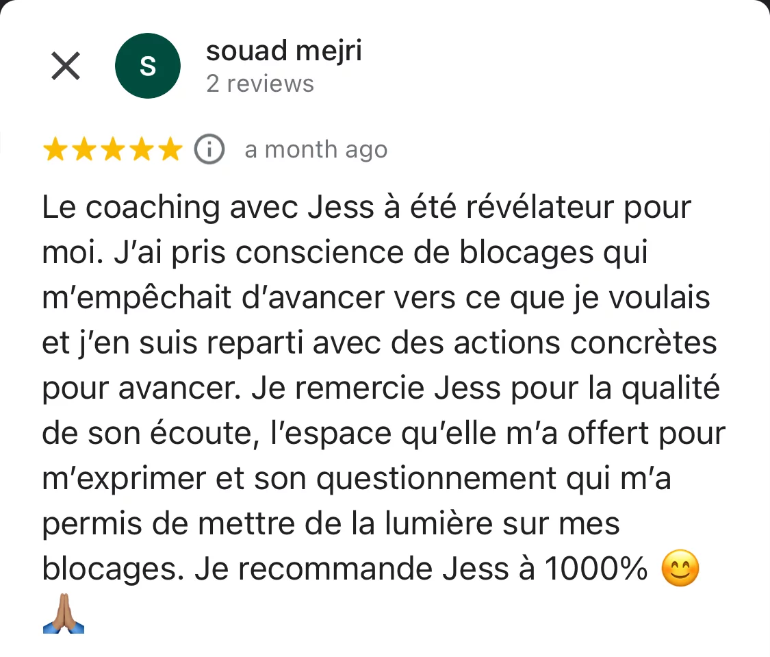 Avis client coaching libération des blocages à l'abondance avec jess coper